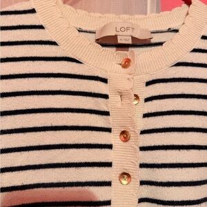 LOFT white and Black Striped Sweater with Gold Accents